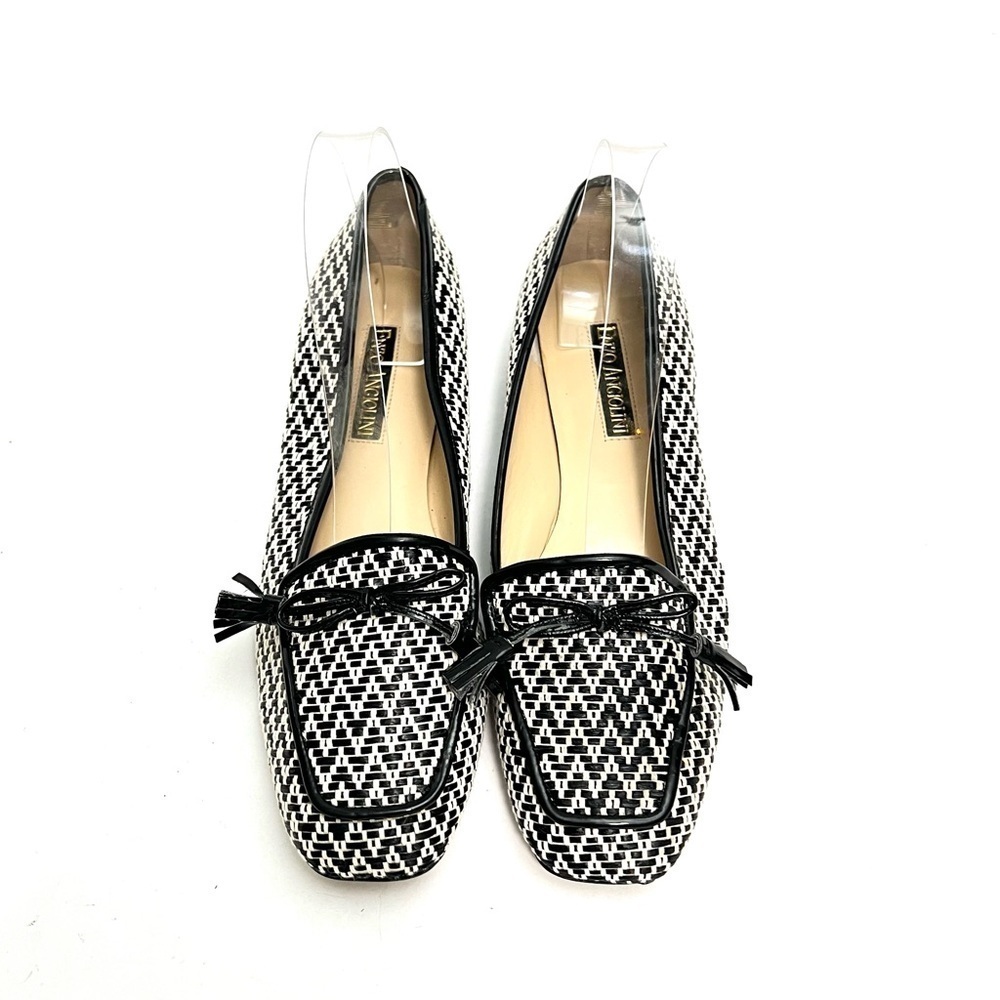 Vintage 1990s black and white woven raffia over leather bow loafers